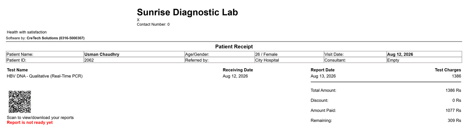 Printed CreLab patient receipt with a scannable QR code for report access